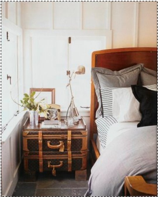 Vintage LV Suitcase Nightstand - Wanderlust Style: Suitcases as Decor - www.AFriendAfar