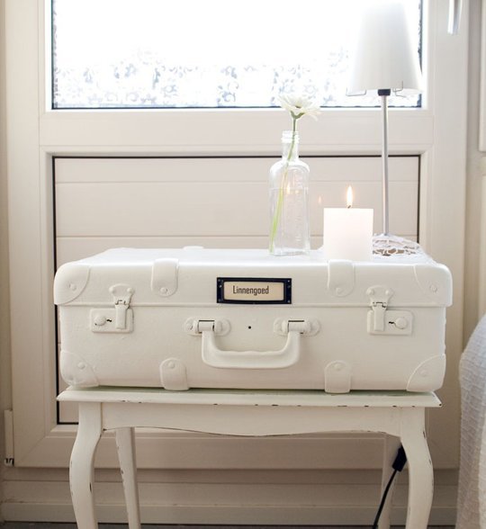 White Vintage Suitcase Nightstand - Wanderlust Style: Suitcases as Decor - www.AFriendAfar